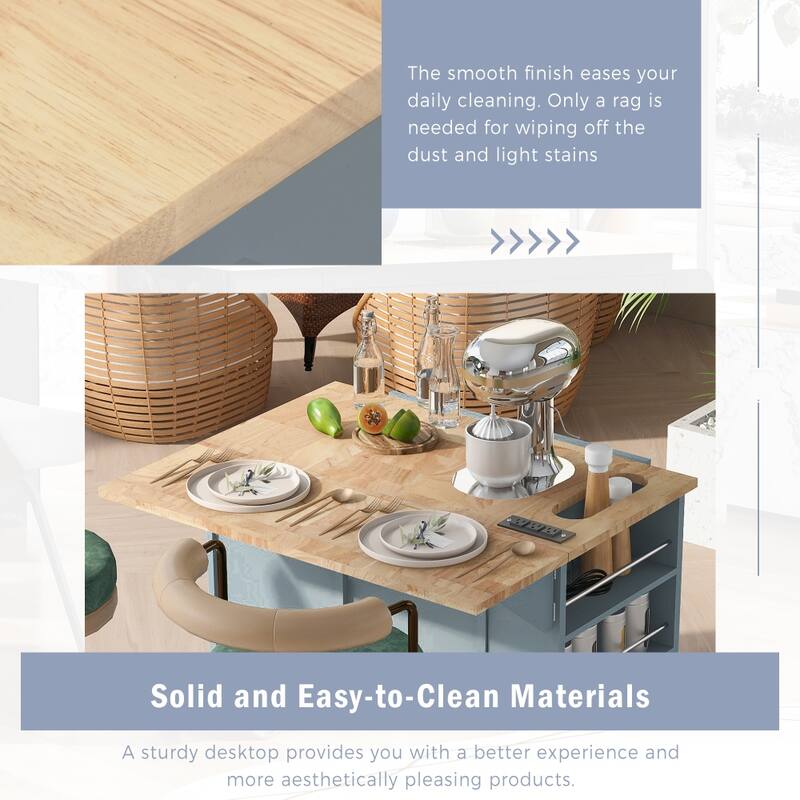 Rubber Wood Kitchen Storage Island on 5 Wheels with Drop Leaf and Power Outlet