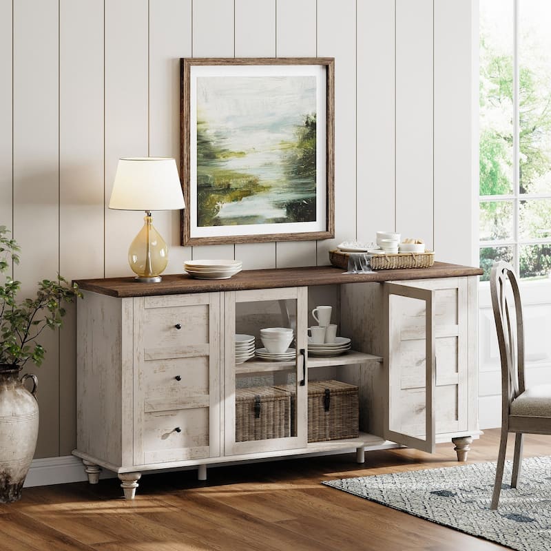 Farmhouse Sideboard with Glass Door, Buffet & cabinet for Kitchen - 58" - Antique White