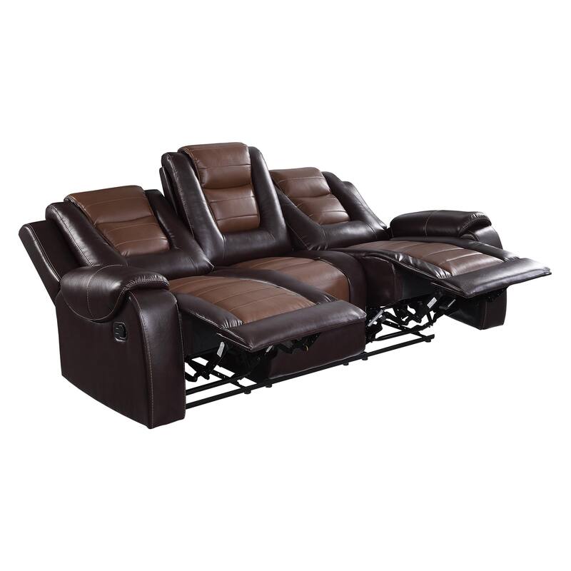 Istro 86 Inch Manual Recliner Sofa, Drop Down Table, Brown Faux Leather