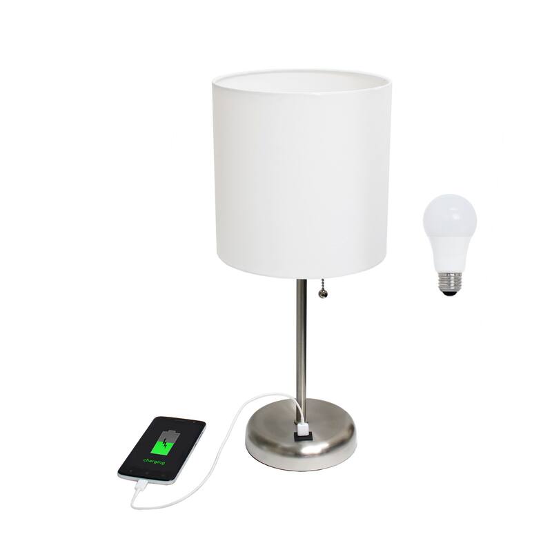 White Stick Lamp with USB charging port and Fabric Shade