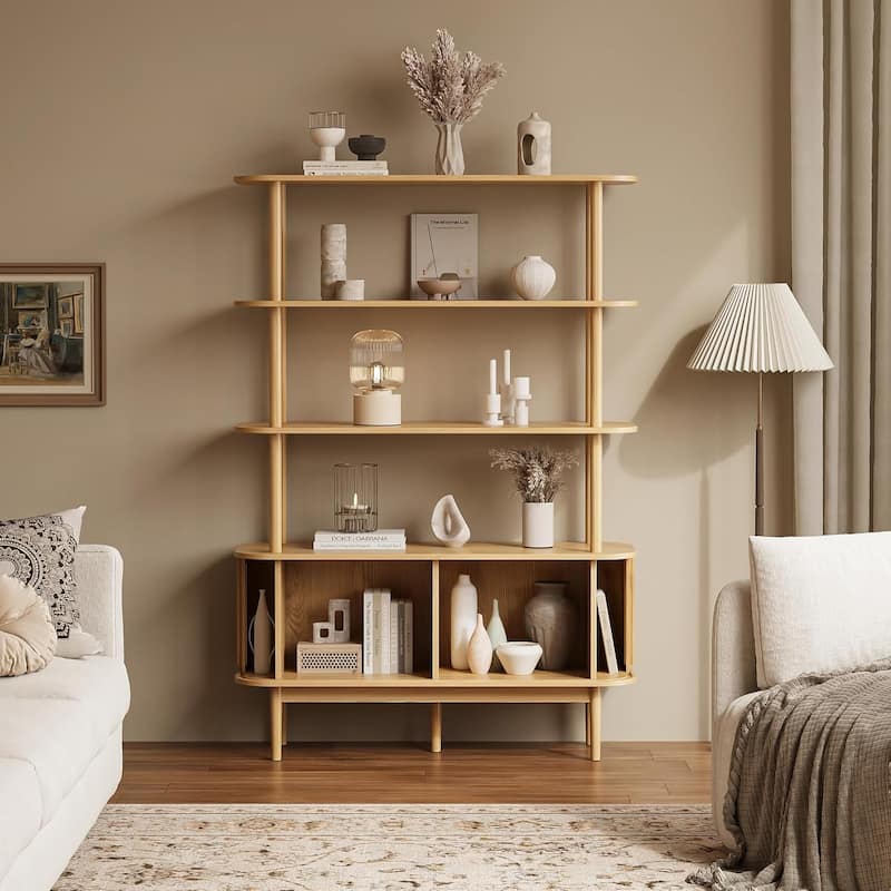 Bookshelf with Sliding Tambour Doors, Mid Century Modern Bookshelf with Storage, Wooden Open Display Shelf