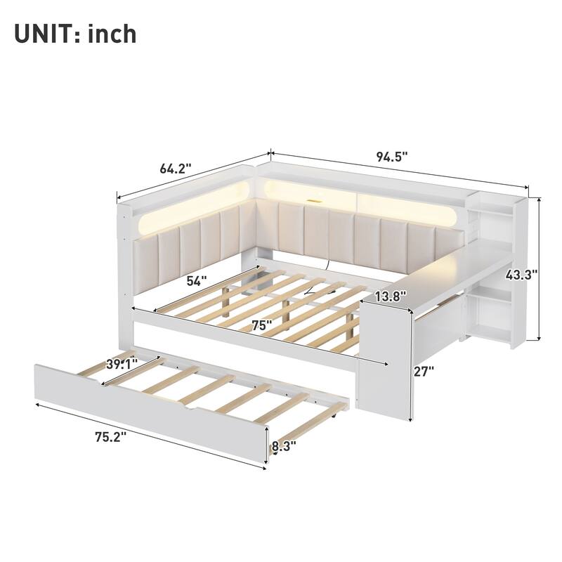 Full Size Daybed with Storage Shelves Built-in Charging Station LED Light, L-shape Upholstered Frame Sofa Bed with Cabinet, Desk
