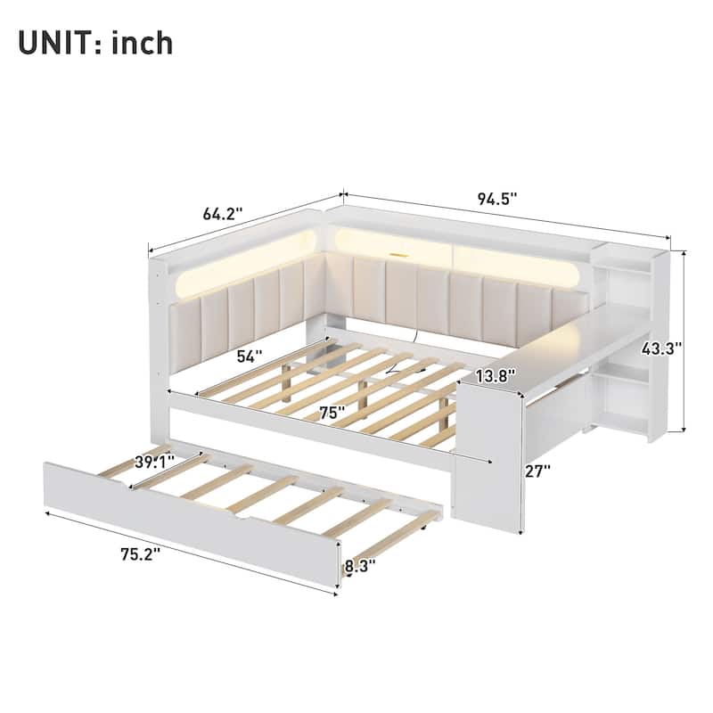 Roomfitters Full Daybed with Trundle, Charging Station and Upholstered Headboard