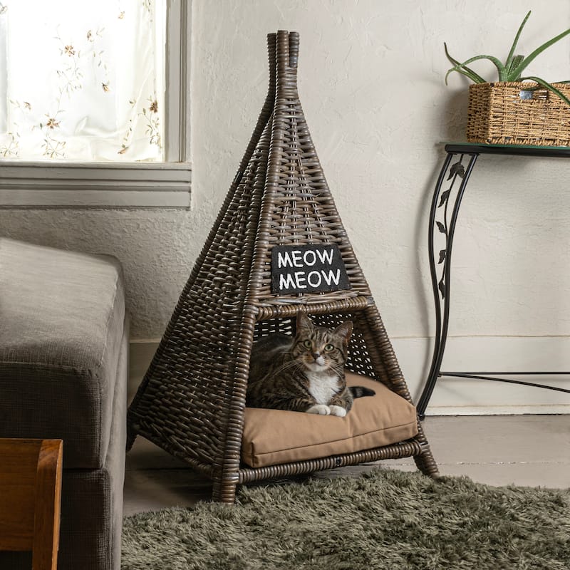 Tiki Tent 20" x 20" Coastal Handwoven Rattan Cat Bed with Machine-Washable Cushion, Kubu Gray