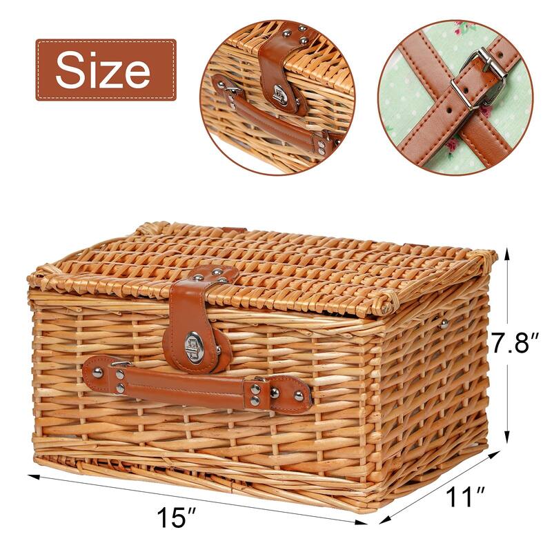 Wicker Picnic Basket for 2, Handmade Willow Hamper Basket Sets 2 Person Picnic Basket with Utensils Cutlery Perfect