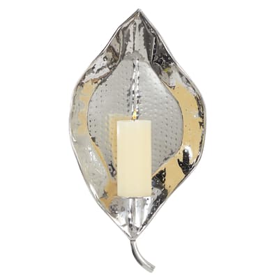 Stainless Steel Metal Leaf Wall Sconce with Hammered Design - Silver - Roche River Decor