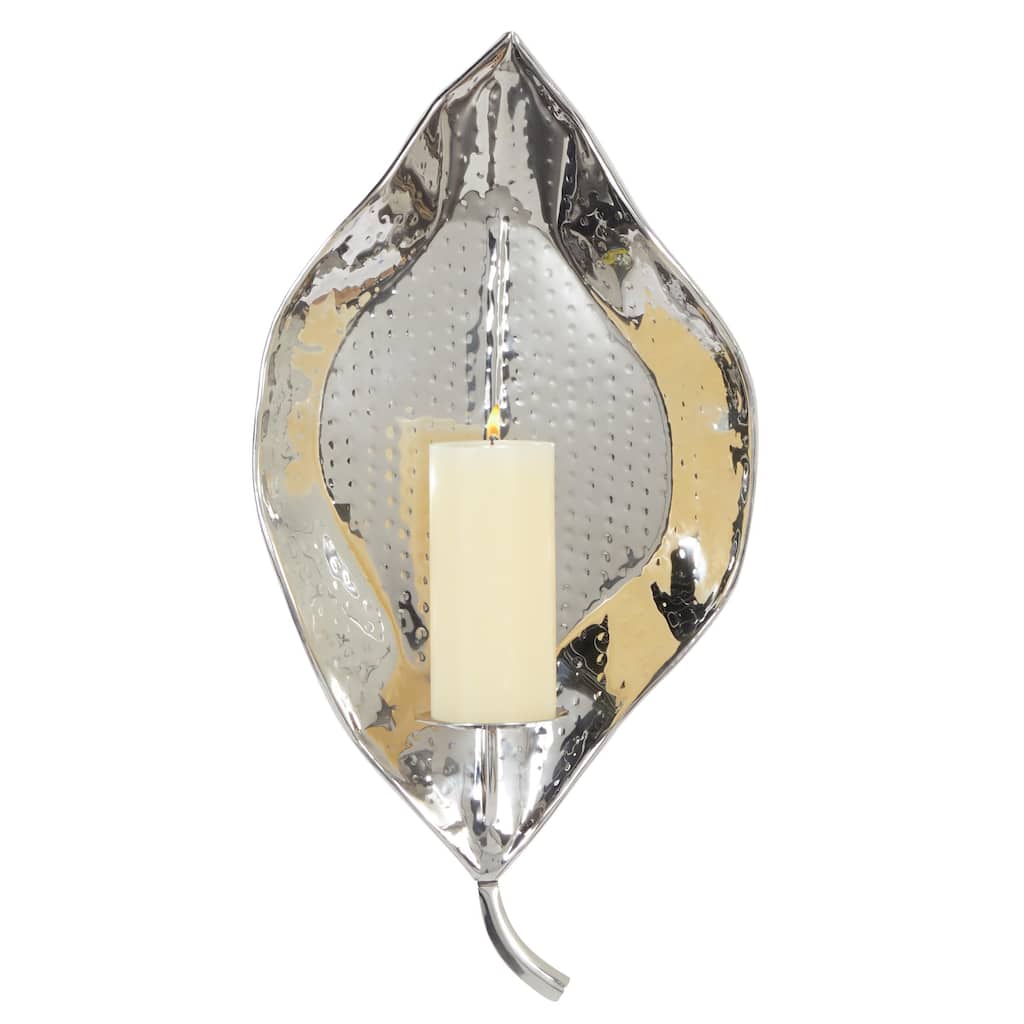 Stainless Steel Metal Leaf Wall Sconce with Hammered Design - Silver - Roche River Decor
