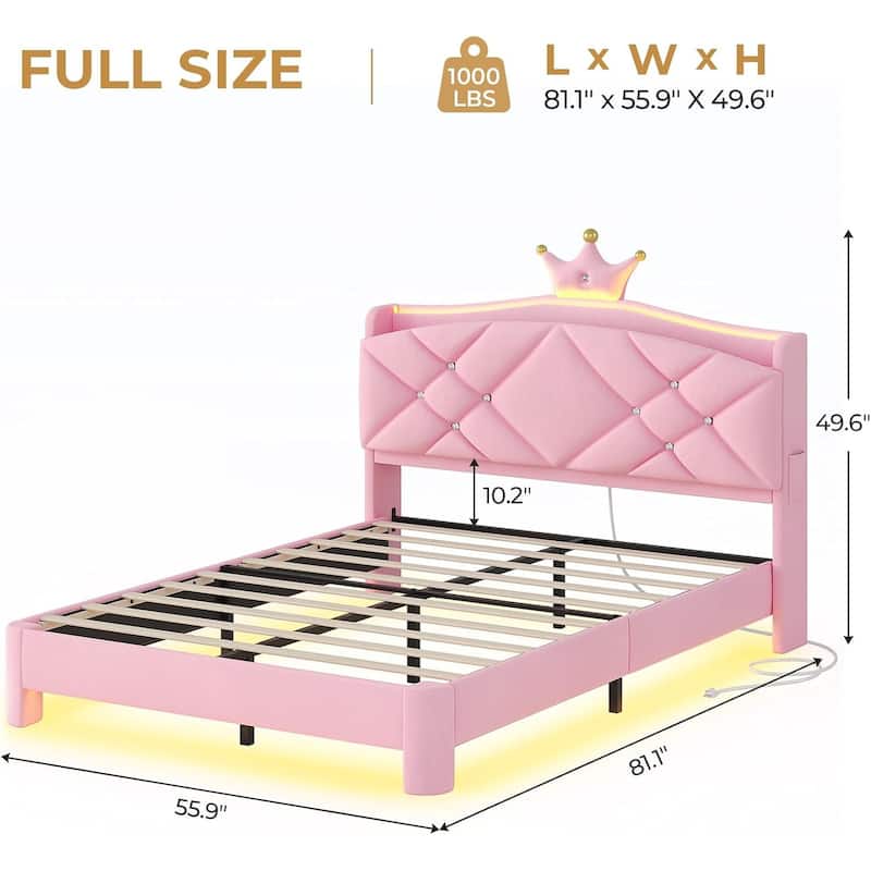 Princess Upholstered Bed with Headboard Charging Station Crystal Button Crown