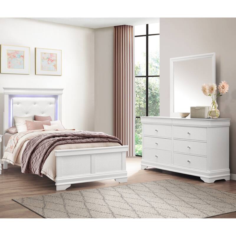 Glam White Bedroom Set 3pc Upholstered LED Bed Dresser Mirror - Twin