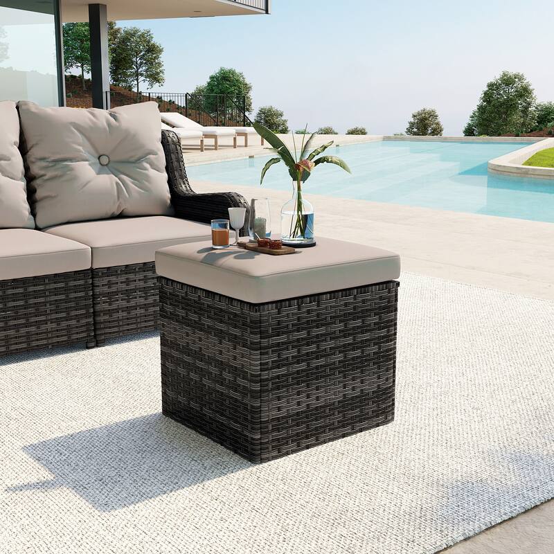 Outdoor 17.7" W Square Rattan Ottoman Patio Ottoman with Seat Cushion