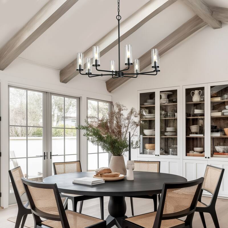 Modern Farmhouse 8-Light Black Wheel Chandelier with Glass Shade for Dining Living Room - D 31.5" x H 24"