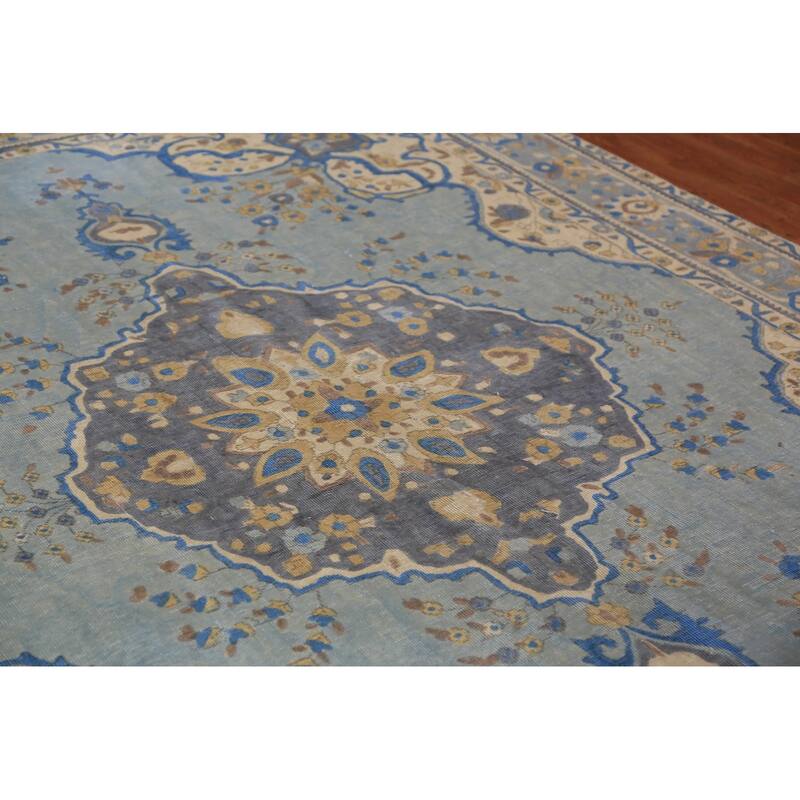 Blue Tabriz Persian Area Rug Oriental Floral Hand-Knotted Wool Carpet - 7'10"x 10'9"