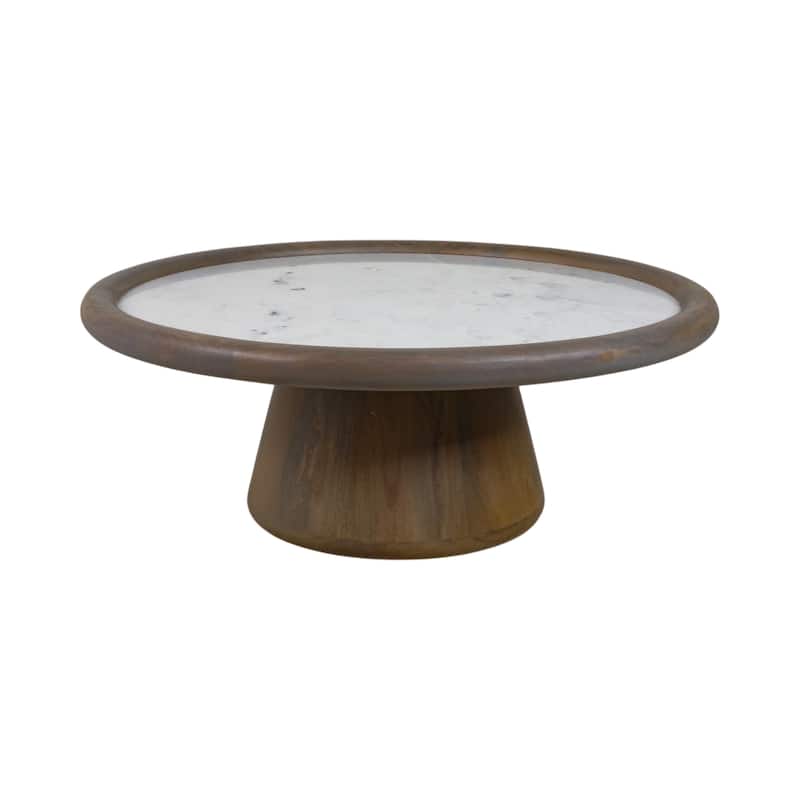 Mango Wood Marble Accent Table Round Drum Base Sculptural Design