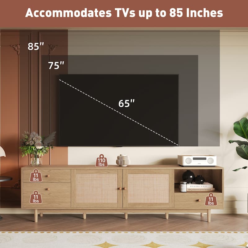 Boho TV Stand for 65-85" TVs, Entertainment Center with Rattan Details, Open Storage & Drawers, Modern Media Console