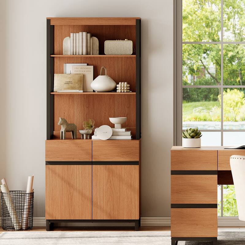 WAMPAT Modern 72" Tall Bookcase with Metal Base and Adjustable Shelves, Library Book Shelf with Storage Cabinet