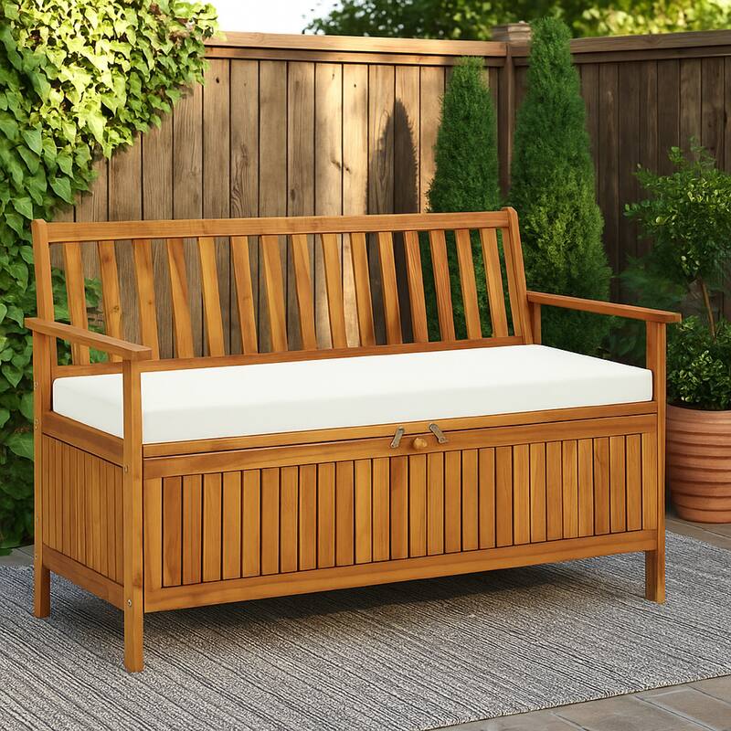 Reja Outdoor Storage Bench, 47 Inch Brown Solid Acacia Wood, White