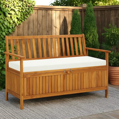 Reja Outdoor Storage Bench, 47 Inch Brown Solid Acacia Wood, White