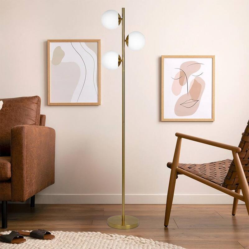 Brilliance Modern Gold Brush Floor Lamp, Opal Glass Shades and Round Metal Base - Clear,Gold - Clear,Gold