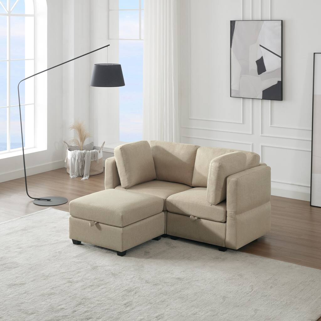 Space Saving Small Sectional Sofa, 2-Seater Sofa with Storage Seat Cushion and Ottoman, Adjustable Arms & Backs Sofa