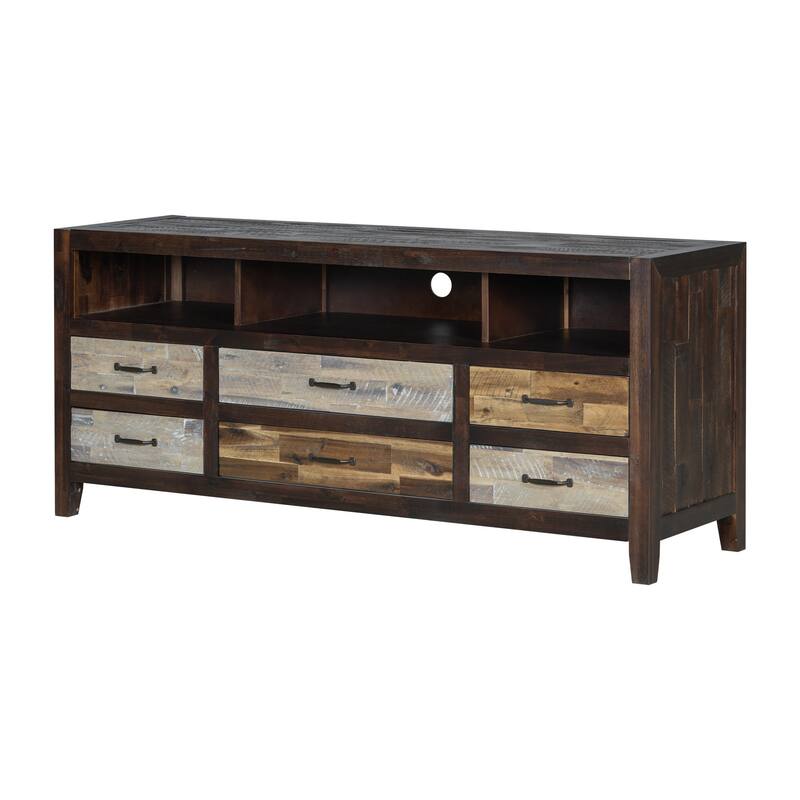 64" Distressed Wood TV Stand, 6 Drawer Storage & 3 Shelves, Cable Management - Farmhouse Style
