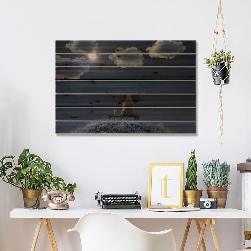 Elephant And Dog Are Sitting On A Meadow On A Moonlit Night Print On Wood by Mike Kiev - Multi-Color