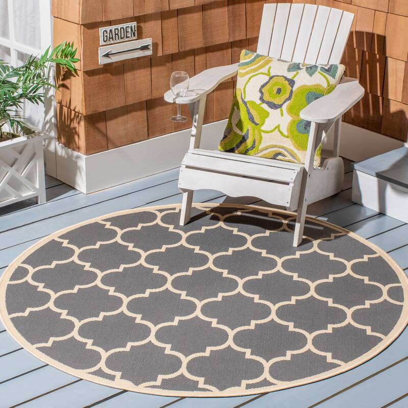 SAFAVIEH Courtyard Kathy Indoor/ Outdoor Waterproof Patio Backyard Rug - 7'1 x 7'1 Round - Anthracite/Beige