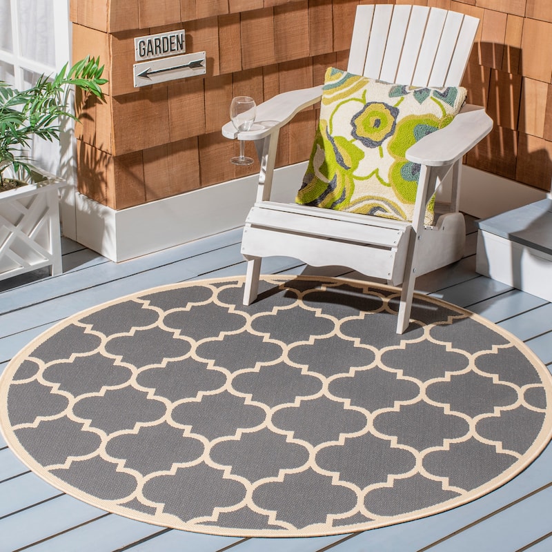 SAFAVIEH Courtyard Sibel Indoor /Outdoor Waterproof Patio Backyard Rug - 4' Round - Anthracite/Beige