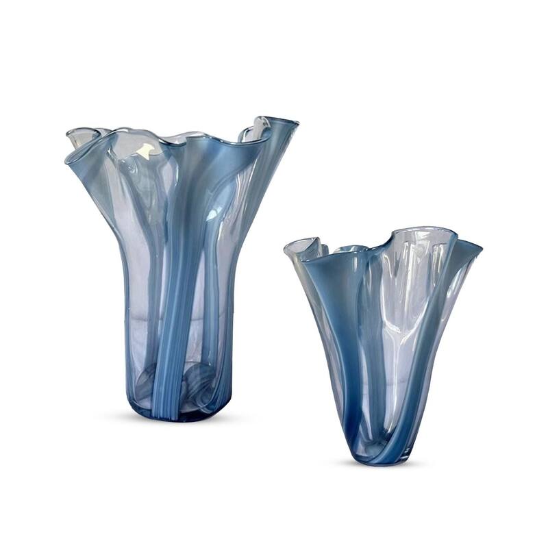 Set of Two Blue Striped Handblown Glass Vases with Scalloped Edges