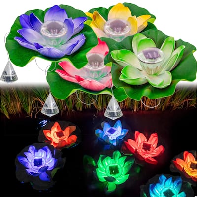 Solar Floating Lotus Flower Pool LED Lights - w/ Crysal Relfecting Anchor, Color Changing, Waterproof Pond Light Decor