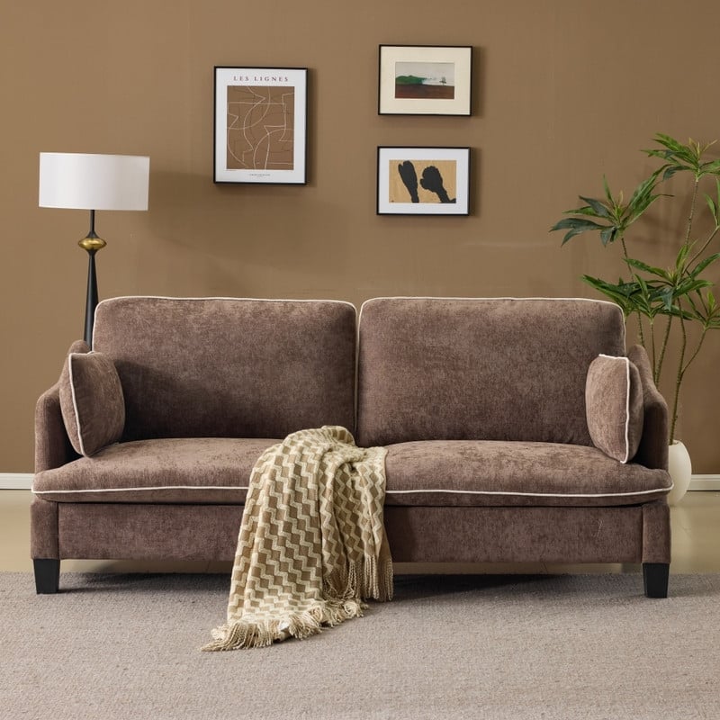 Transitional Loveseat Piped T-Cushions & Linen Blend - Dark brown