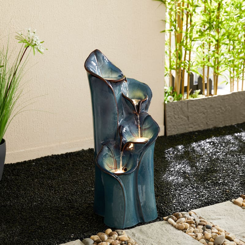 Glitzhome 31"H 4-Tiered Lotus Leaf Textured Ceramic Vase Outdoor Floor Fountain with LED