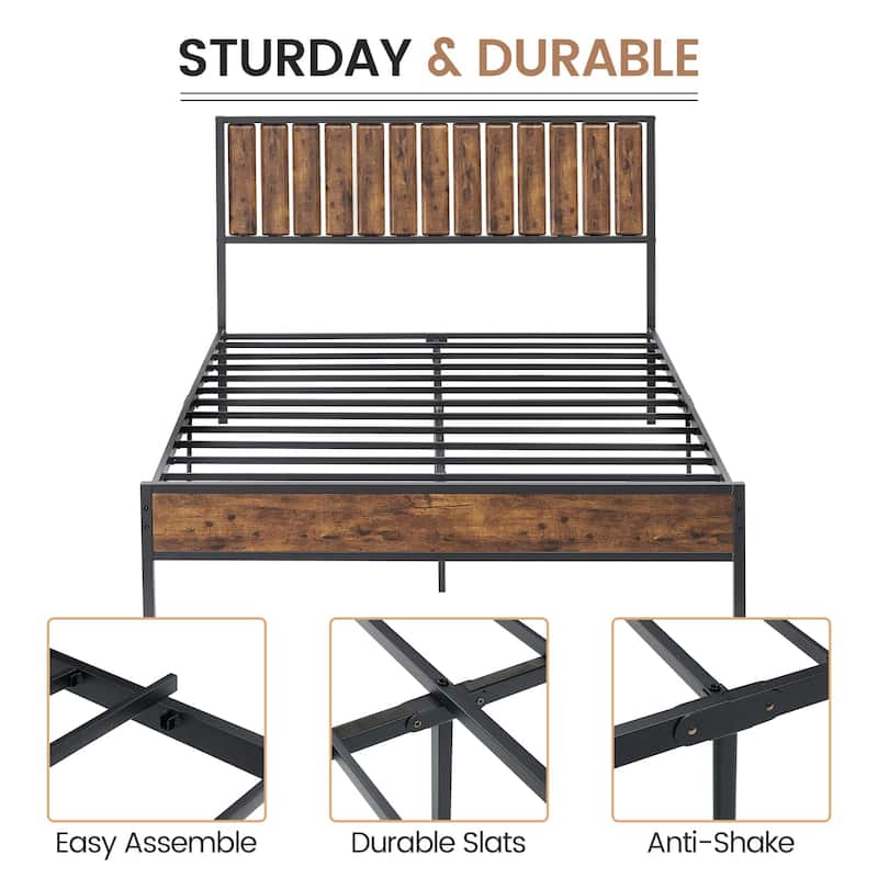 Platform Metal Bed Frame Wood Headboard with 14 Heavy Duty Steel Slats