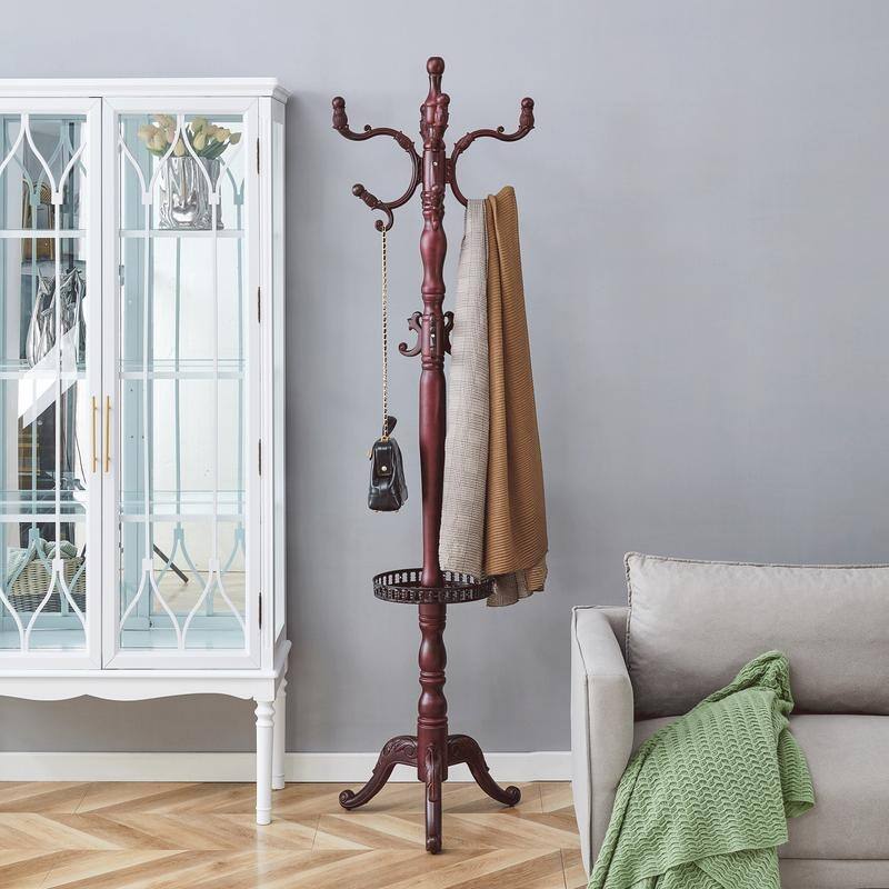 Walnut Wood Coat Rack with Key Tray - Modern Stainless Steel Hanger - Brown