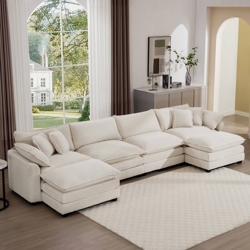 149.6" Corduroy Sectional Sofa Set with Footstools & Pillows - Beige