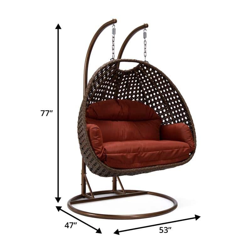 LeisureMod Mendoza Dark Brown 2 Seater Wicker Patio Hanging Double Swing Chair for Patio Porch Backyard Garden - 53"
