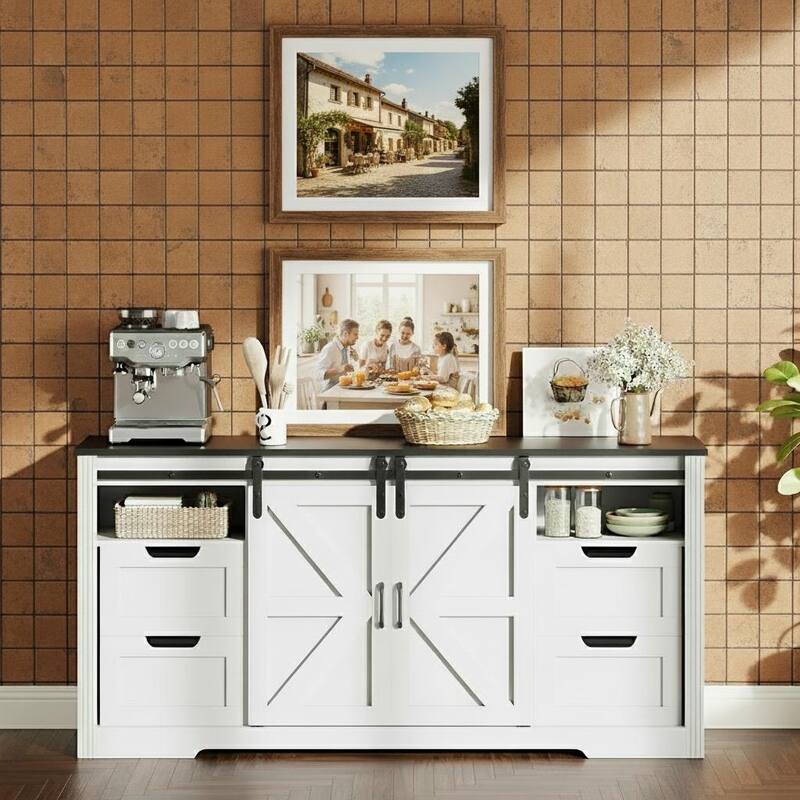 TV Stand, with 4 Drawers and Adjustable Shelf - White