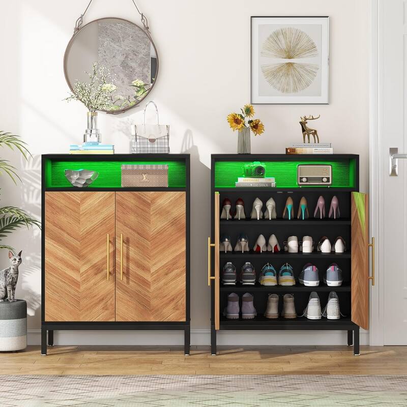 Shoe Cabinet with Doors and Led Light, 16 Pairs Entryway Shoe Storage Cabinet for Closet, Living Room