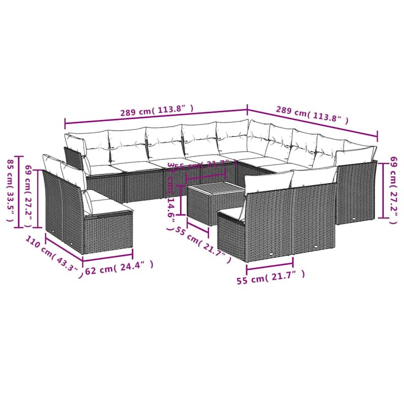 vidaXL Patio Sofa Set with Cushions Outdoor Furniture 14 Piece Poly Rattan - 24.4 x 24.4 x 27.2
