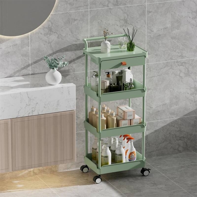 4Tier Rolling Utility Cart with Drawer - 12.9"D x 14.5"W x 41.1"H - Green