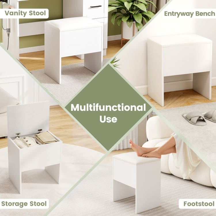 White Vanity Stool with Hidden Storage 2-in-1 Oxford Fabric Ottoman Bench