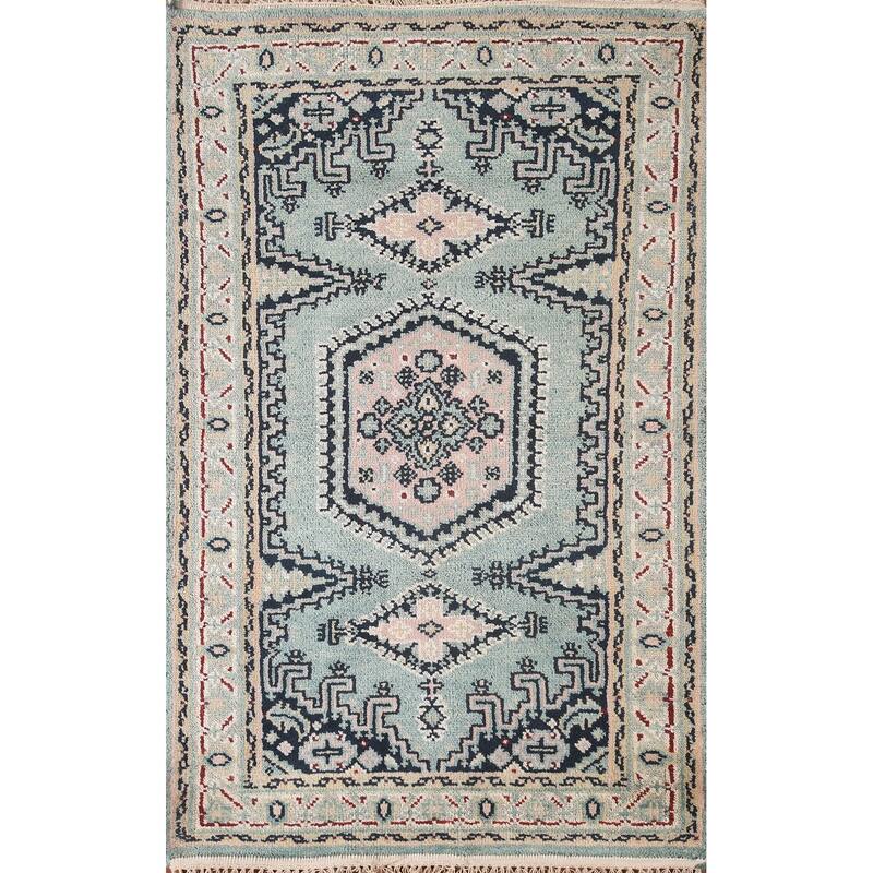 Geometric Heriz-Serapi Accent Rug Hand-Knotted Green Wool Carpet - 3'0"x 4'11"