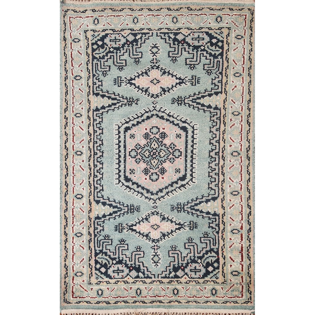 Geometric Heriz-Serapi Accent Rug Hand-Knotted Green Wool Carpet - 3'0"x 4'11"