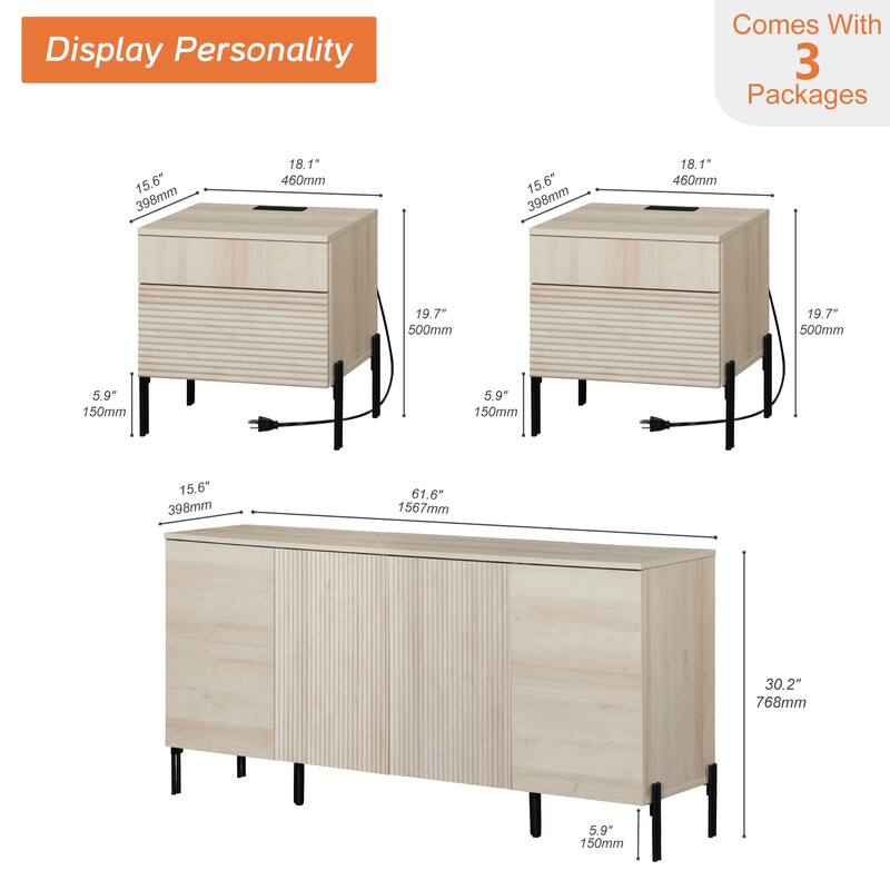WAMPAT 3-Piece Modern Bedroom Furniture Set, Includes Sideboard Buffet Cabinet, Set of 2 Night Stands,