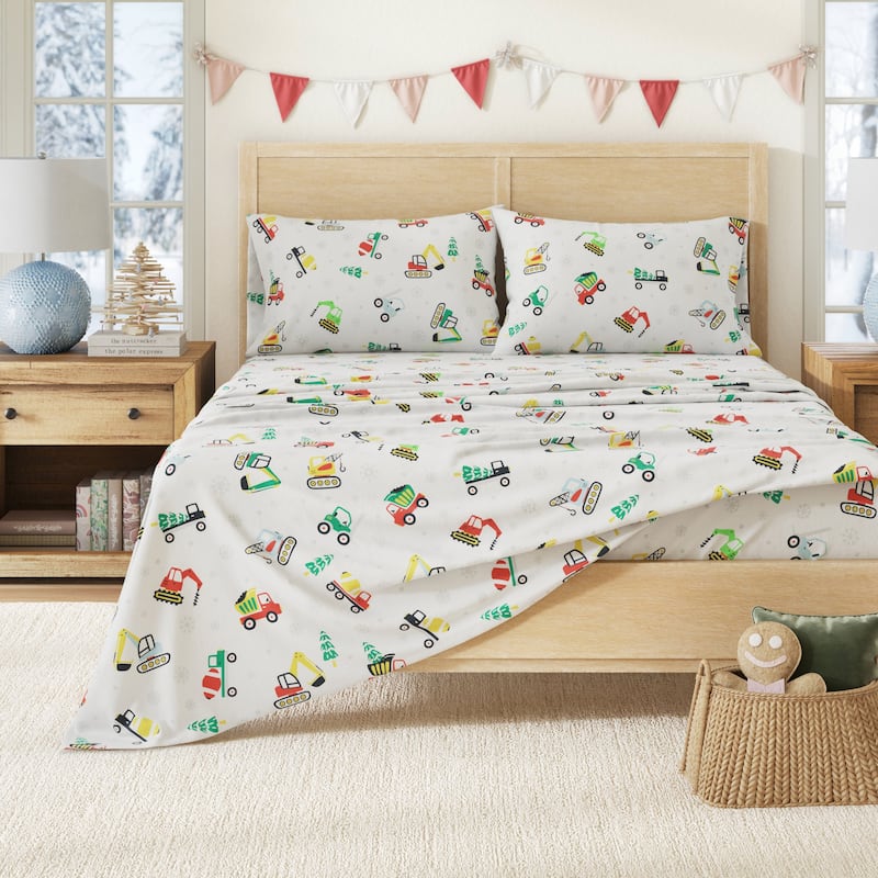 Linery & Co. Christmas Turkish Cotton Double-Brushed Flannel Bed Sheet Set - King - Christmas Toy Trucks