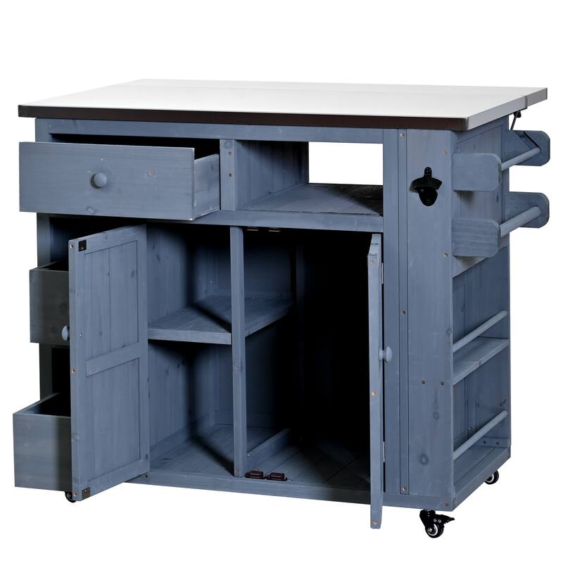 Outdoor Solid Wood Extendable Kitchen Island with Stainless Steel Top, Side Spice Rack, Drawers & Storage Cabinet