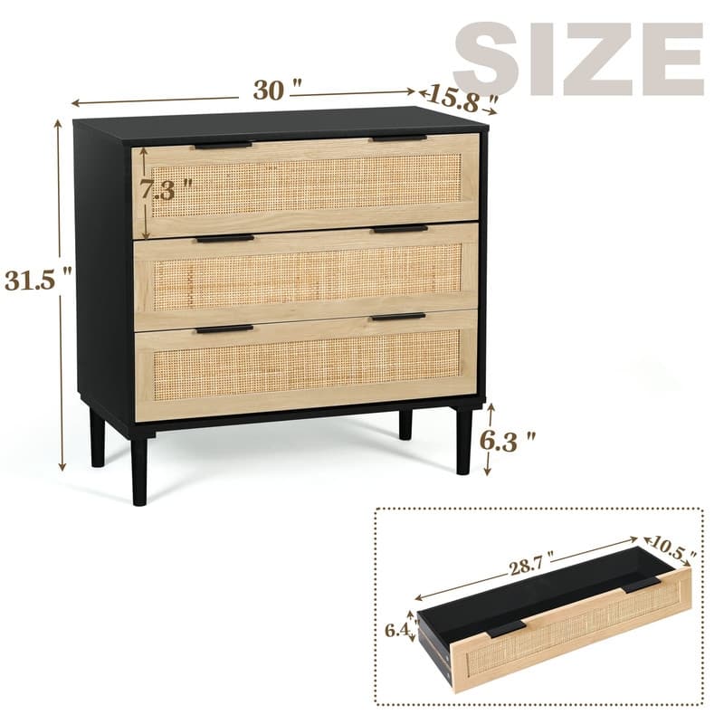 Rattan 3 Drawer Wood Dresser