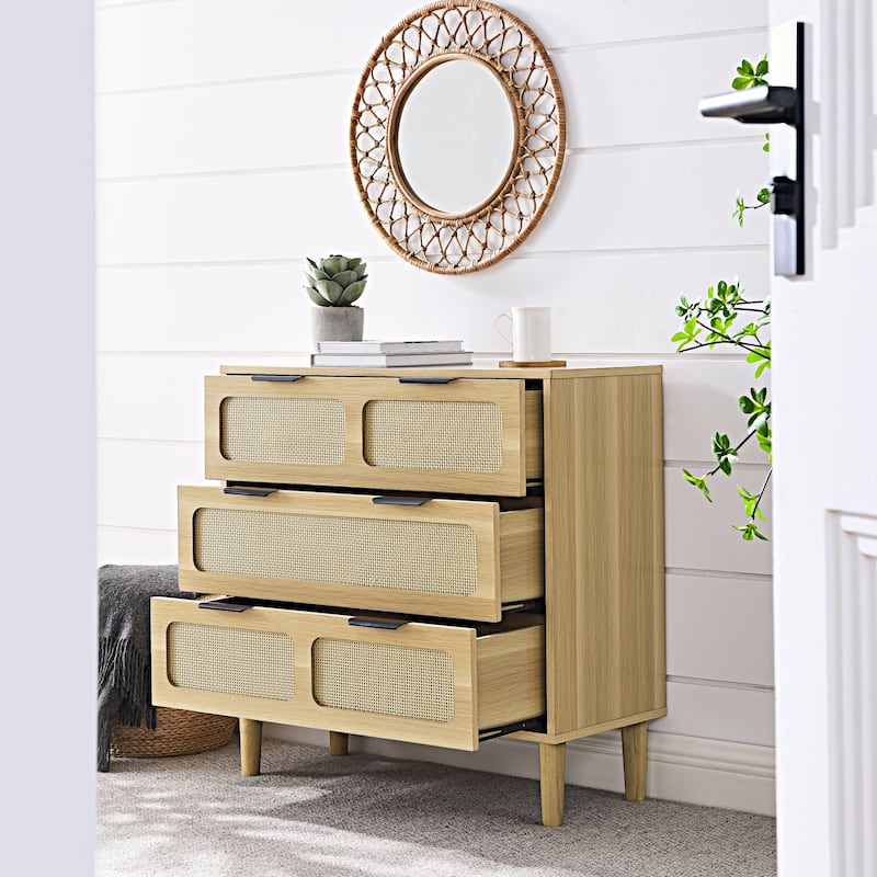 Modern Rattan Dresser Farmhouse Wooden Storage Cabinet with 3 Wide Drawers and Metal Handles, for Room Living Room Hallway