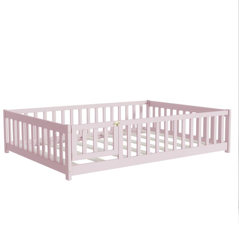 Full Size Rubber Wood Floor Bed with Safety Fence, Pink