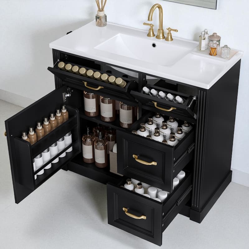 36" Bathroom Vanity with Ceramic Sink, 4 Drawers, Soft-Close Door and Adjustable Shelf, Modern Storage Cabinet