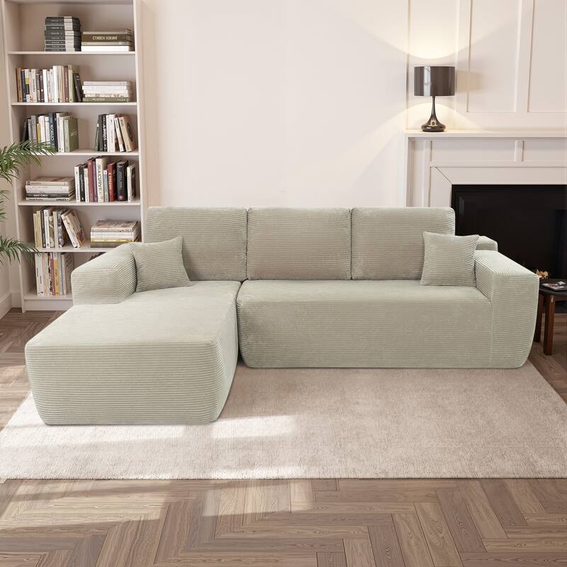 Oversized Corduroy Corner Sofa with Chaise, Boneless L-Shaped Sectional Couch, Modular Deep Seat Couches with Pillows - Camel